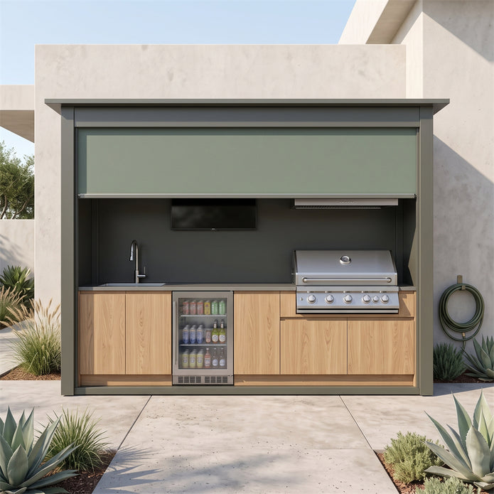 Module de cuisine extérieure sur mesure en acier inoxydable avec abri – Porte à enroulement, barbecue et réfrigérateur pour cour de villa