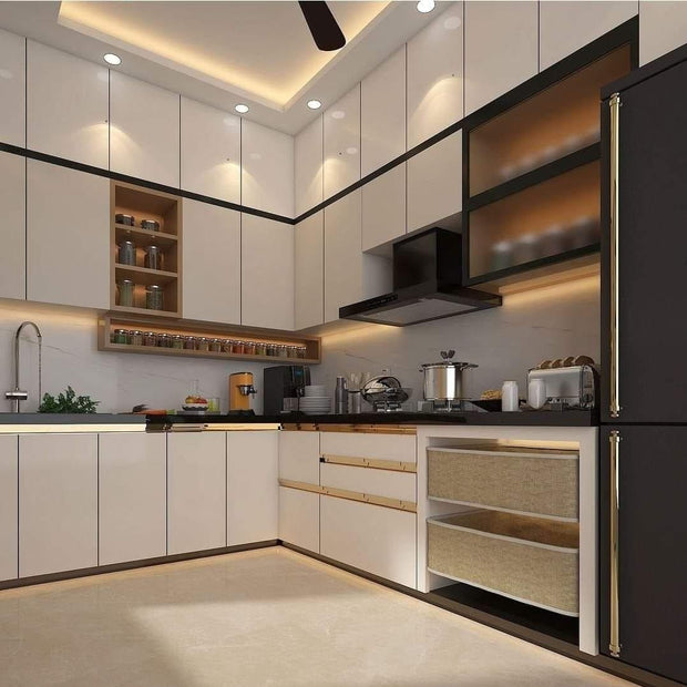 Customized L Shaped Stainless Steel Kitchen Cabinet - Waterproof, Metallic Texture