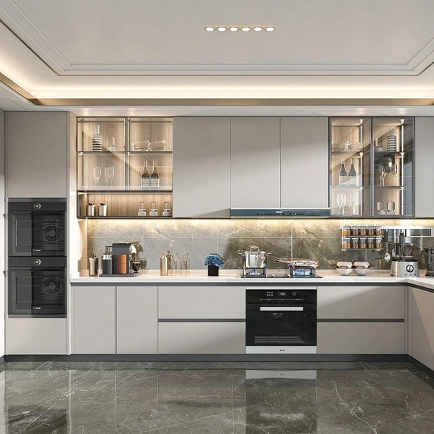 Customized L Shaped Stainless Steel Kitchen Cabinet - Waterproof, Metallic Texture