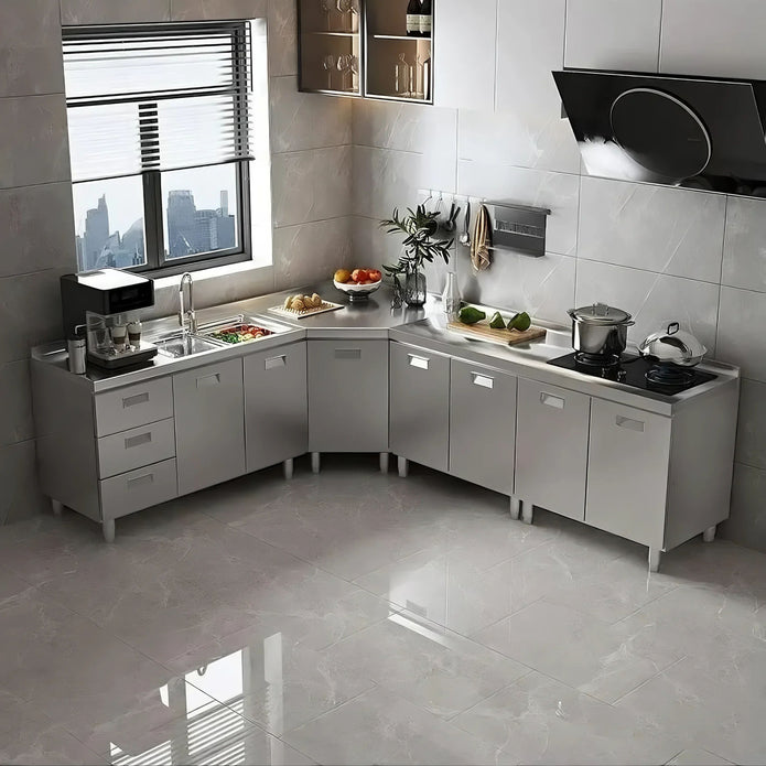 High End L Shaped Stainless Steel Kitchen Cabinet - Shock Resistance, Smooth Surface