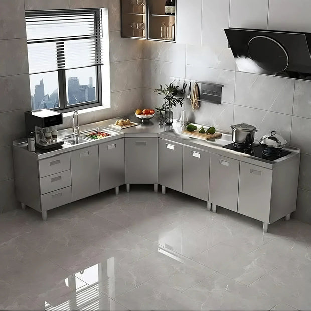 High End L Shaped Stainless Steel Kitchen Cabinet - Shock Resistance, Smooth Surface