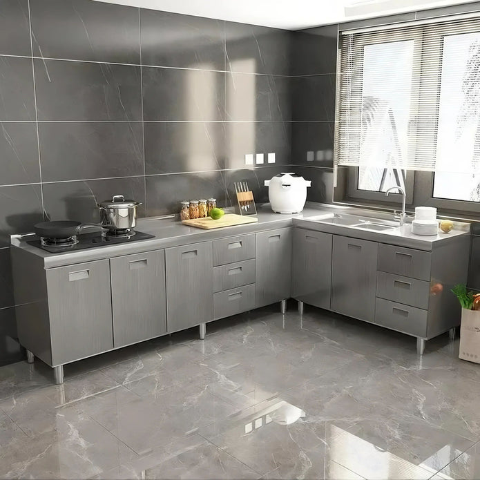 High End L Shaped Stainless Steel Kitchen Cabinet - Shock Resistance, Smooth Surface