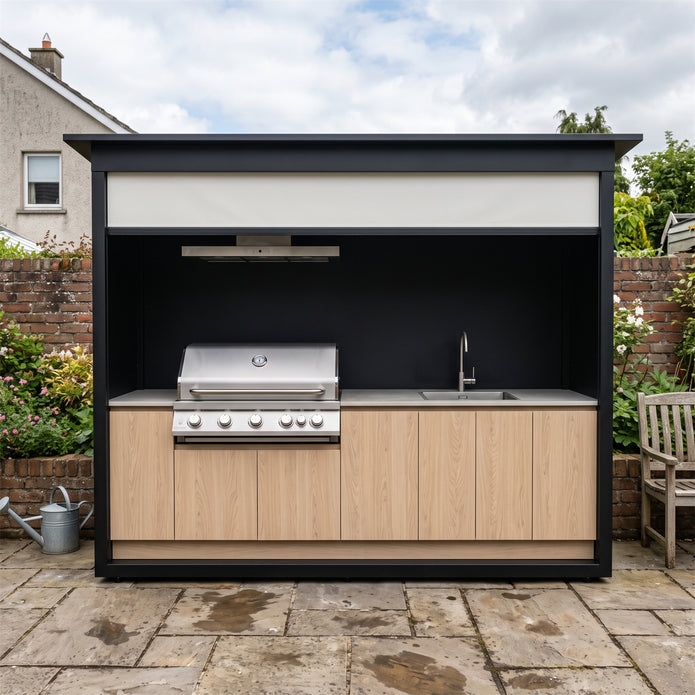 2.9m Tailor-Made Stainless Steel Outdoor Kitchen & BBQ Shed – Roller Shutter Door, BBQ & Kamado Grill Station for Garden – Natural Wood-Grain Cabinet Doors