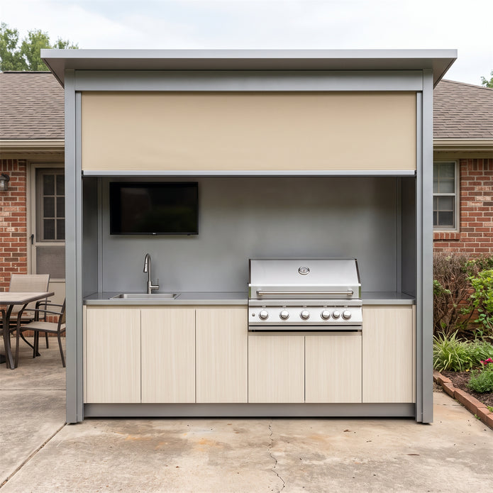 2.2m Bespoke Stainless Steel Outdoor Kitchen Shed – Roller Shutter Enclosure, Refrigerator & Sink for Villa Courtyard – Light Wood-Grain Cabinet Doors