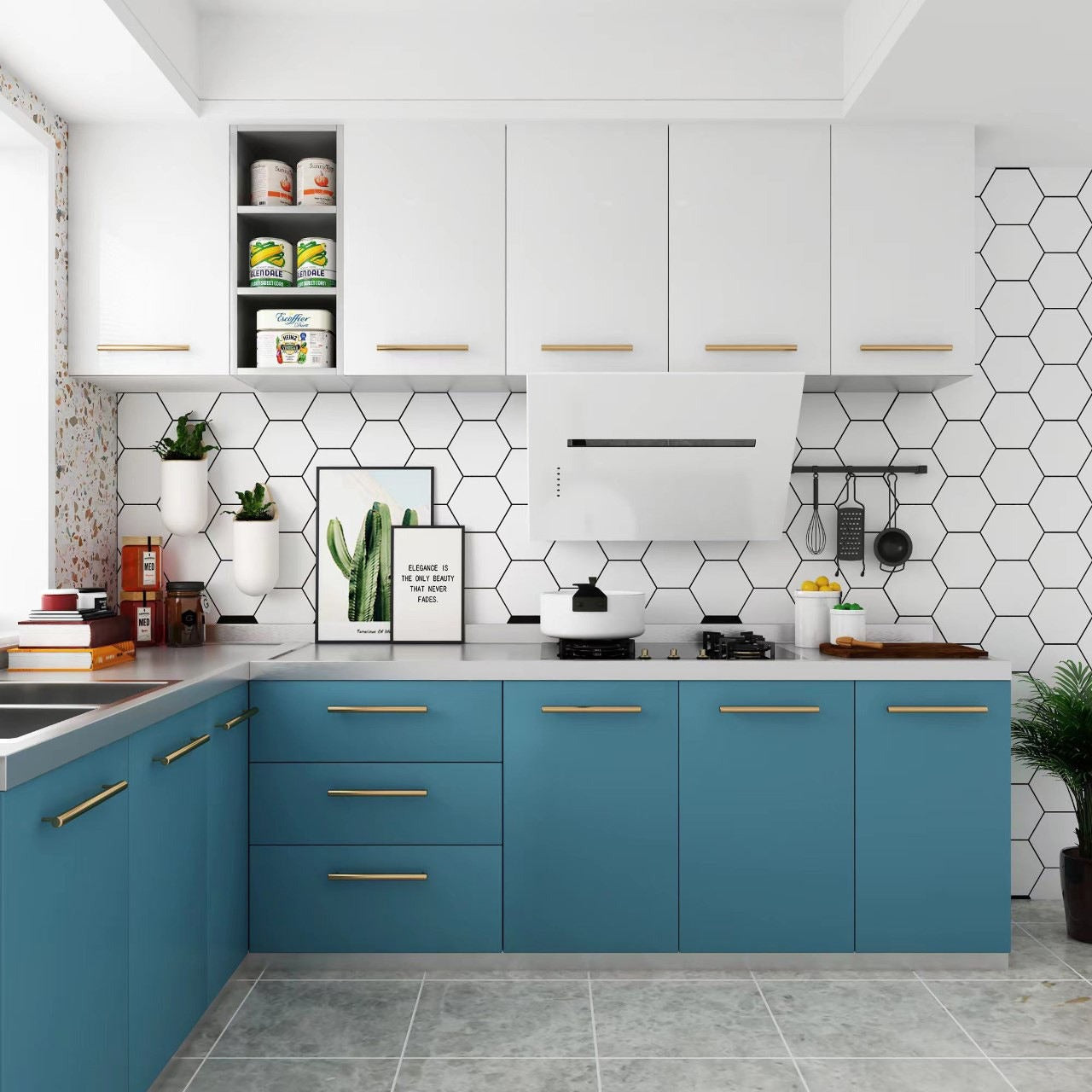 CE Certified L Shaped 304 Kitchen Cabinet Body - Corrosion Preventive, Cool Colors