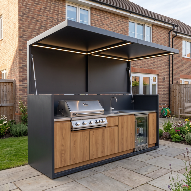 2.9m Tailor-Made Eco-Friendly Stainless Steel Outdoor Kitchen & BBQ Shed – Canopy Roof, BBQ Station & Sink for Backyard – Natural Wood-Grain Cabinet Doors