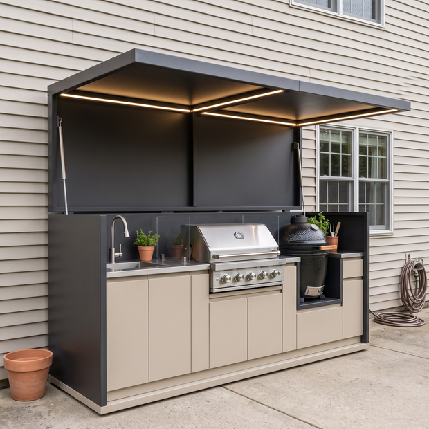 2.9m Made-to-Order Stainless Steel Outdoor Kitchen & BBQ Pod with Shed – Canopy Roof Design, Refrigerator & Sink for Garden – Beige Cabinet Doors