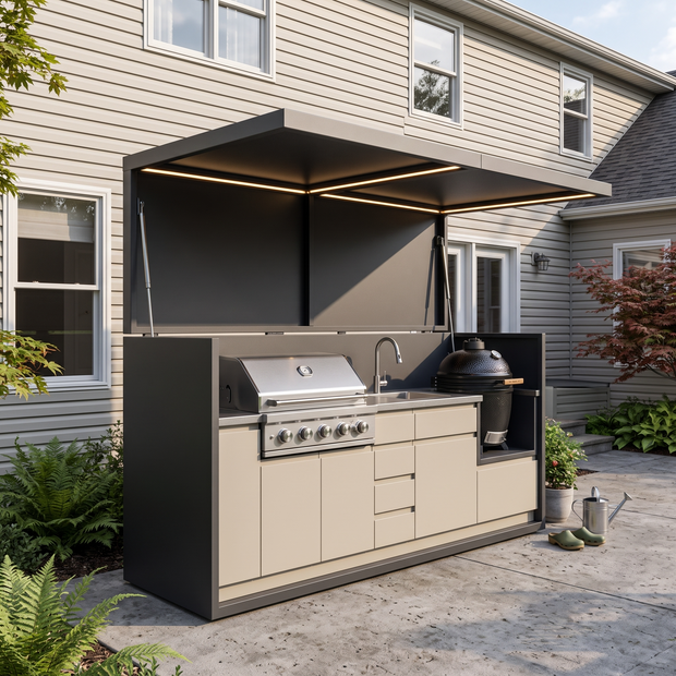 2.9m Made-to-Order Stainless Steel Outdoor Kitchen & BBQ Pod with Shed – Covered Canopy, Fridge & Sink for Backyard – Beige Cabinet Doors