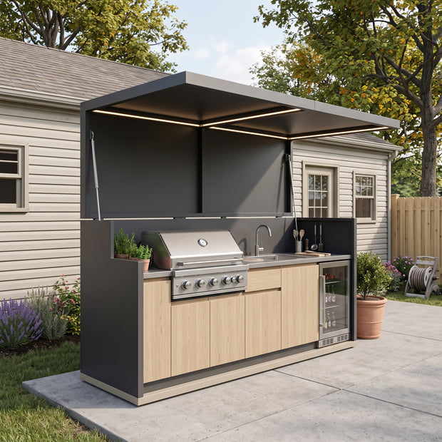 2.9m Custom Stainless Steel Outdoor BBQ Pod – Canopy Roof, Fridge & Sink for Poolside – Natural Wood-Grain Cabinet Doors