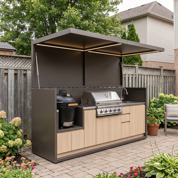 2.9m Tailor-Made Stainless Steel Outdoor BBQ Pod with Kitchen Shed – Canopy Roof Design, Gas BBQ & Kamado Grill for Villa Courtyard – Natural Wood-Grain Cabinet Doors