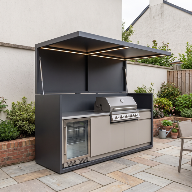 2.2m Tailor-Made Stainless Steel Outdoor Kitchen & BBQ Shed – Canopy Roof Design, Kamado Grill Station for Villa Courtyard – Beige Cabinet Doors