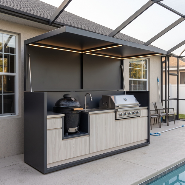 2.9m Tailor-Made Stainless Steel Outdoor BBQ Pod with Kitchen Shed – Covered Canopy, BBQ & Kamado Grill Station for Backyard – White Wood-Grain Cabinet Doors