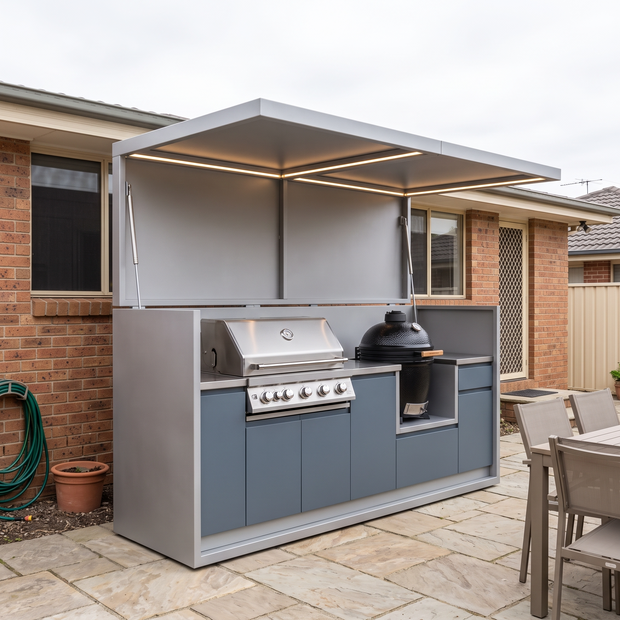 2.9m Made-to-Order Weatherproof Stainless Steel Outdoor Kitchen Pod – Canopy Roof, Refrigerator & Sink for Patio – Slate Blue Cabinet Doors