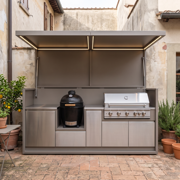 3.2m Tailor-Made Modern Stainless Steel Outdoor Kitchen & BBQ Shed – Canopy Roof, Gas BBQ Station for Backyard – Taupe Cabinet Doors