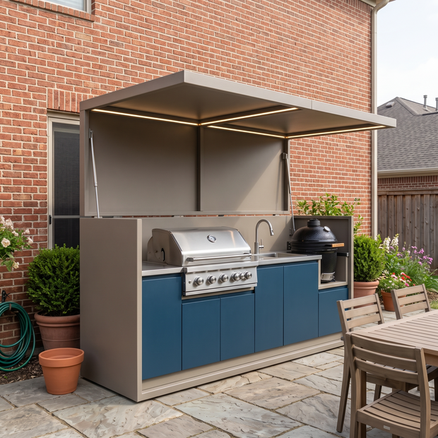 2.9m Tailor-Made Stainless Steel Outdoor BBQ Kitchen Pod with Shed – Open Design With Canopy, BBQ Station & Sink for Backyard – Navy Blue Cabinet Doors