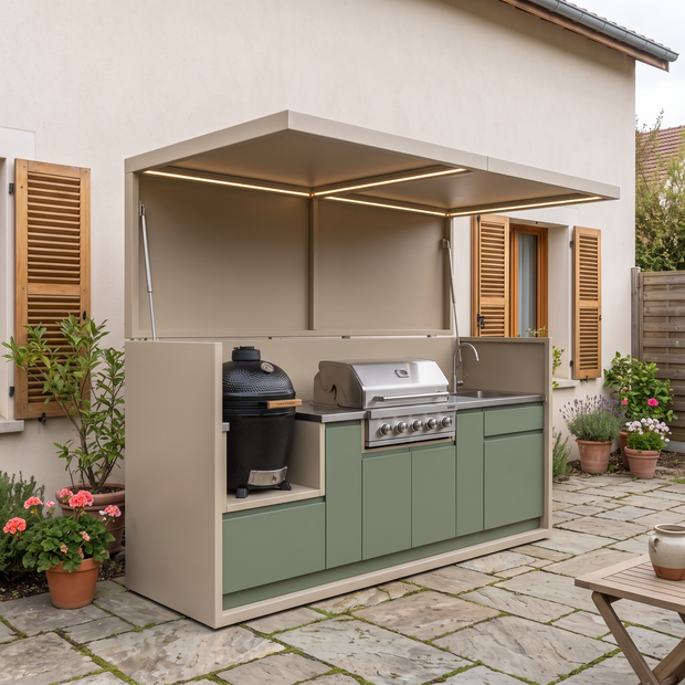 2.9m Bespoke Stainless Steel Outdoor BBQ Kitchen Shed – Covered Canopy, BBQ Grill & Sink for Villa Courtyard – Sage Green Cabinet Doors