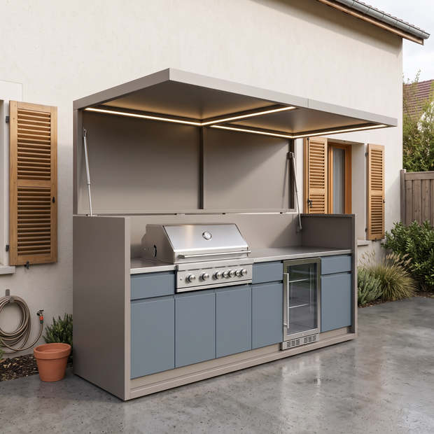 2.9m Made-to-Order Stainless Steel Outdoor Kitchen Shed with BBQ Pod – Covered Canopy, Kamado With Sink for Villa Courtyard – Slate Blue Cabinet Doors