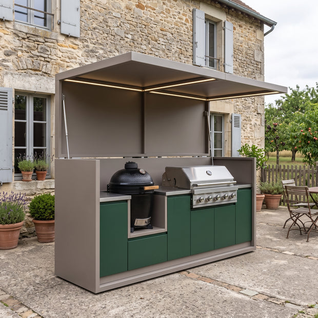 2.9m Made-to-Order Stainless Steel Outdoor Kitchen Shed with BBQ Pod – Open Design With Canopy, Fridge & Sink for Patio – Dark Green Cabinet Doors
