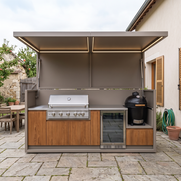 3.2m Made-to-Order Stainless Steel Outdoor Kitchen Shed with BBQ Pod – Covered Canopy, Built-in Sink for Garden – Brown Wood-Grain Cabinet Doors
