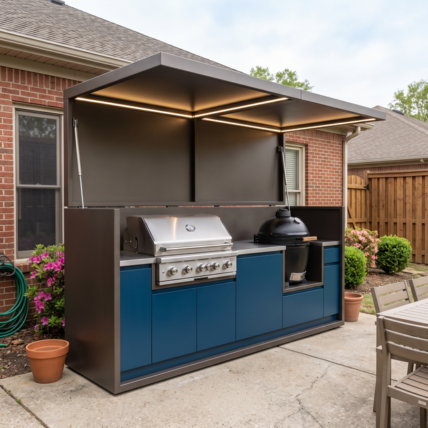 2.9m Tailor-Made Stainless Steel Outdoor Kitchen & BBQ Shed – Open Design With Canopy, Gas BBQ With Sink for Patio – Navy Blue Cabinet Doors