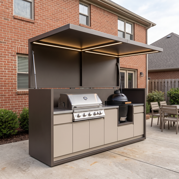 2.9m Custom Modern Stainless Steel Outdoor BBQ Pod – Covered Canopy, BBQ Grill & Sink for Poolside – Taupe Cabinet Doors