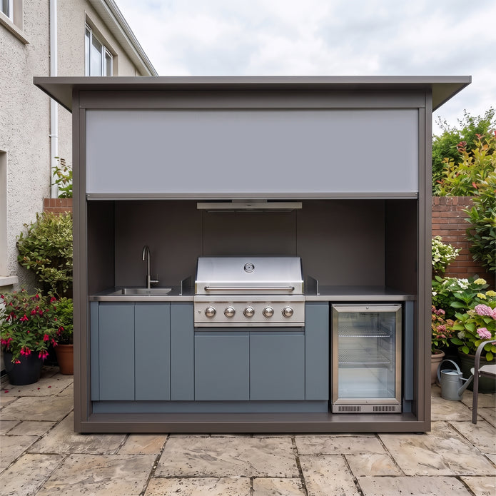 Module de cuisine d'extérieur sur mesure en acier inoxydable avec abri – Volet roulant, réfrigérateur et évier pour piscine