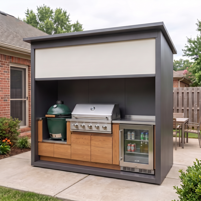 2.2m Stainless Steel Cool colors shed for Courtyard – Natural Wood-Grain Cabinet Doors