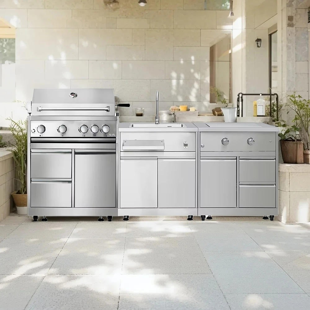 Mildew Proof Modular SS304 Stainless Steel Outdoor Garden Kitchen With Cupboard For Courtyard