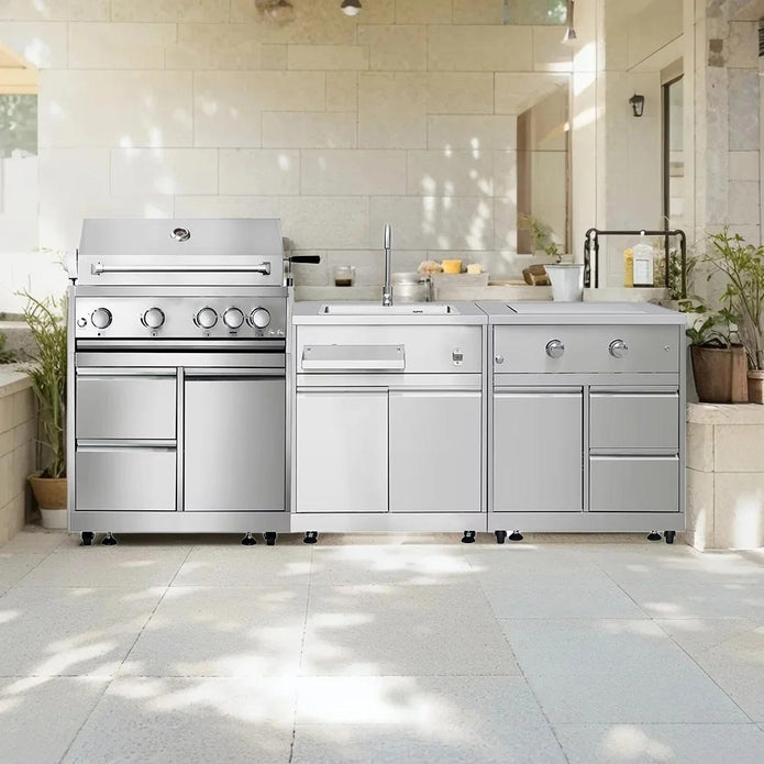 Mildew Proof Modular SS304 Stainless Steel Outdoor Garden Kitchen With Cupboard For Courtyard