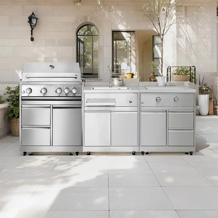 Fireproof Modular SS304 Stainless Steel Outdoor Kitchen Cabinets With Gas Grill For Villa