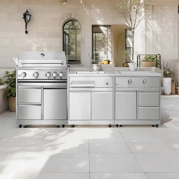 Fireproof Modular SS304 Stainless Steel Outdoor Kitchen Cabinets With Gas Grill For Villa