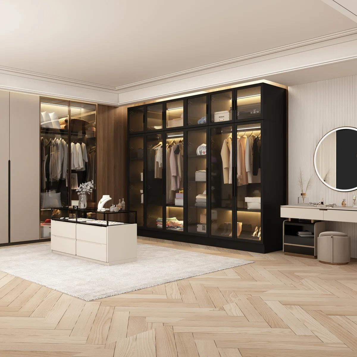 Glass Panels Walk-in Stainless Steel Wardrobe Cabinet For Home Dressing Room