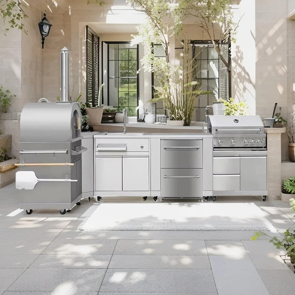 Fireproof Modular SS304 Stainless Steel Outdoor Kitchen Cabinets With Gas Grill For Villa