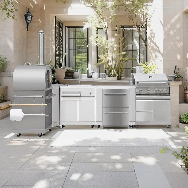 Fireproof Modular SS304 Stainless Steel Outdoor Kitchen Cabinets With Gas Grill For Villa