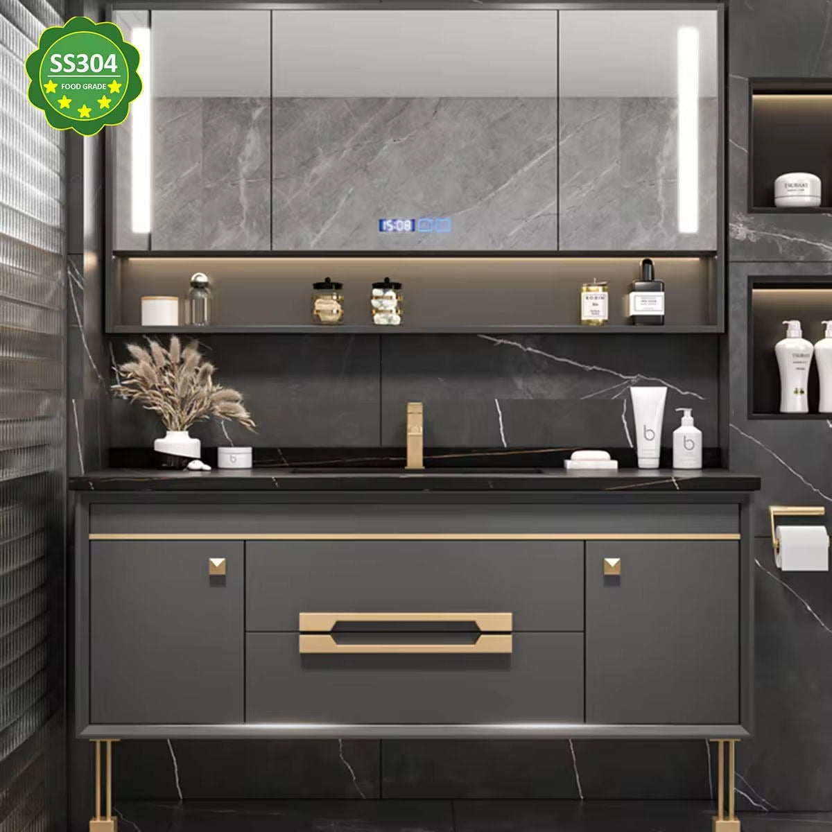 Hot Selling Floor Mounted 304 Stainless Steel Bathroom Cabinet Anti Deformation Luxury Modern
