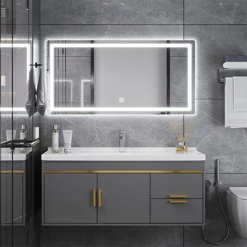 For Home Bathroom Wall Hung Stainless Steel Bathroom Vanity Cabinet Metallic Texture With Storage Rack