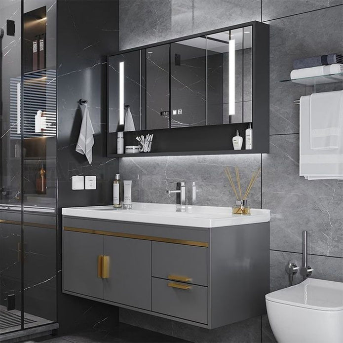 For Home Bathroom Wall Hung Stainless Steel Bathroom Vanity Cabinet Metallic Texture With Storage Rack