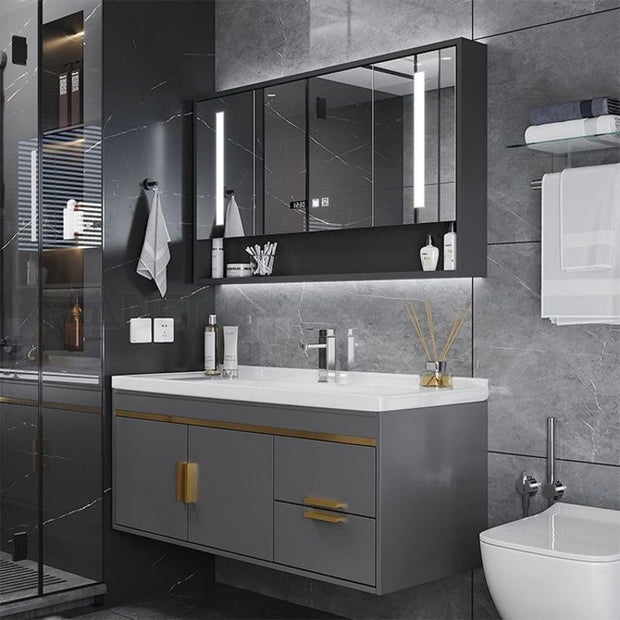 For Home Bathroom Wall Hung Stainless Steel Bathroom Vanity Cabinet Metallic Texture With Storage Rack