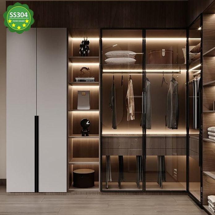 LED Light Inside Freestanding Stainless Steel Wardrobe For Bedroom