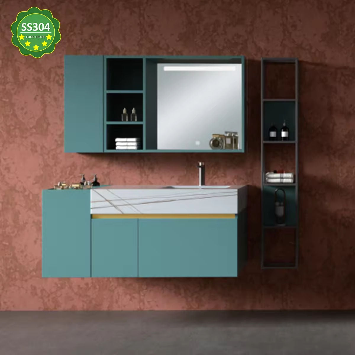 Environmental Protection Wall Hung SS304 Stainless Steel Bathroom Vanity Set With Storage Rack