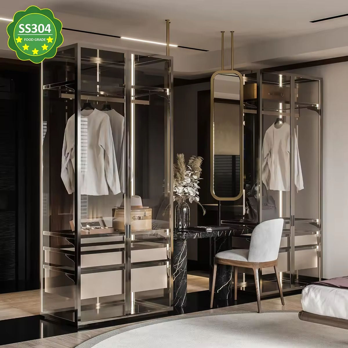 Multi-layer Shelves Walk-in Stainless Steel Wardrobe For Luxury Dressing Room
