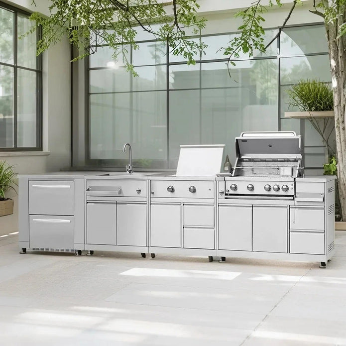 Mildew Proof Modular SS304 Stainless Steel Outdoor Garden Kitchen With Cupboard For Courtyard