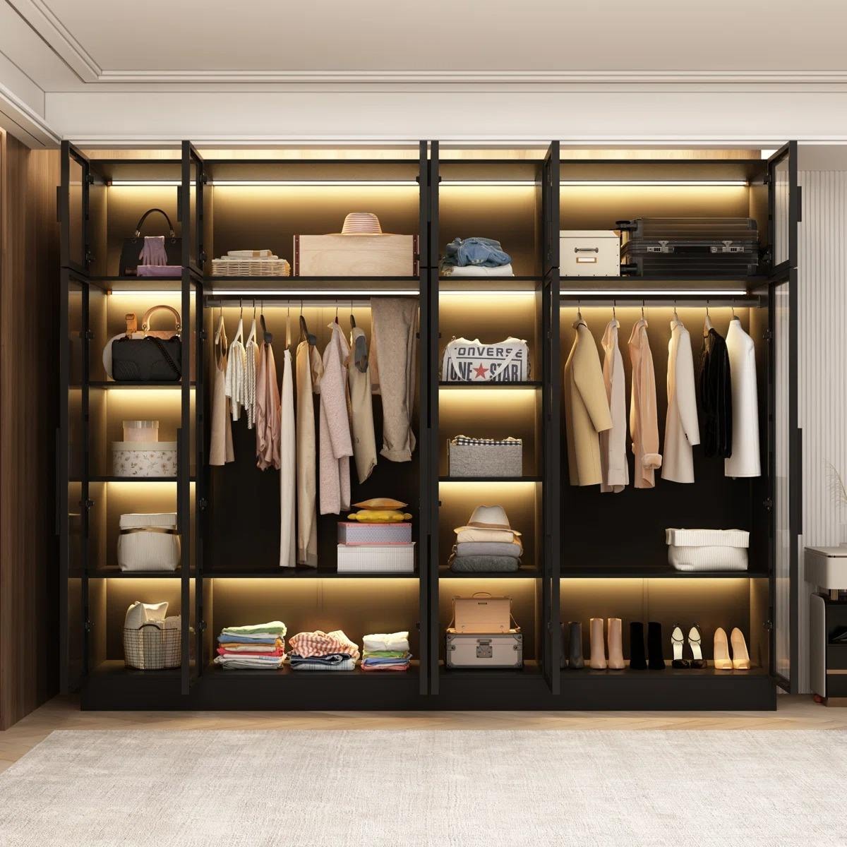 Glass Panels Walk-in Stainless Steel Wardrobe Cabinet For Home Dressing Room
