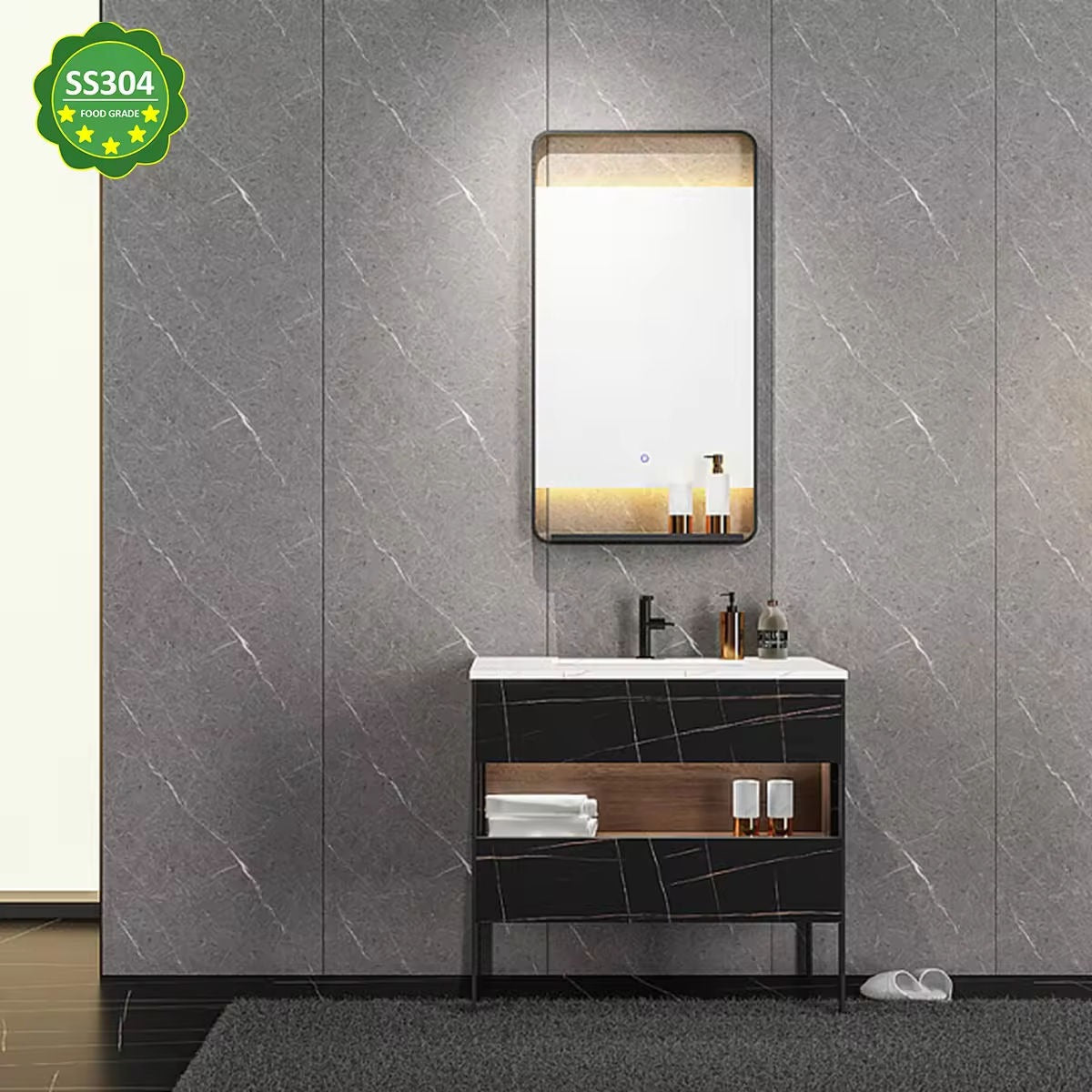 Fireproof Wall Hung SS304 Stainless Steel Bathroom Vanity Cabinet With Storage Rack For Home Bathroom