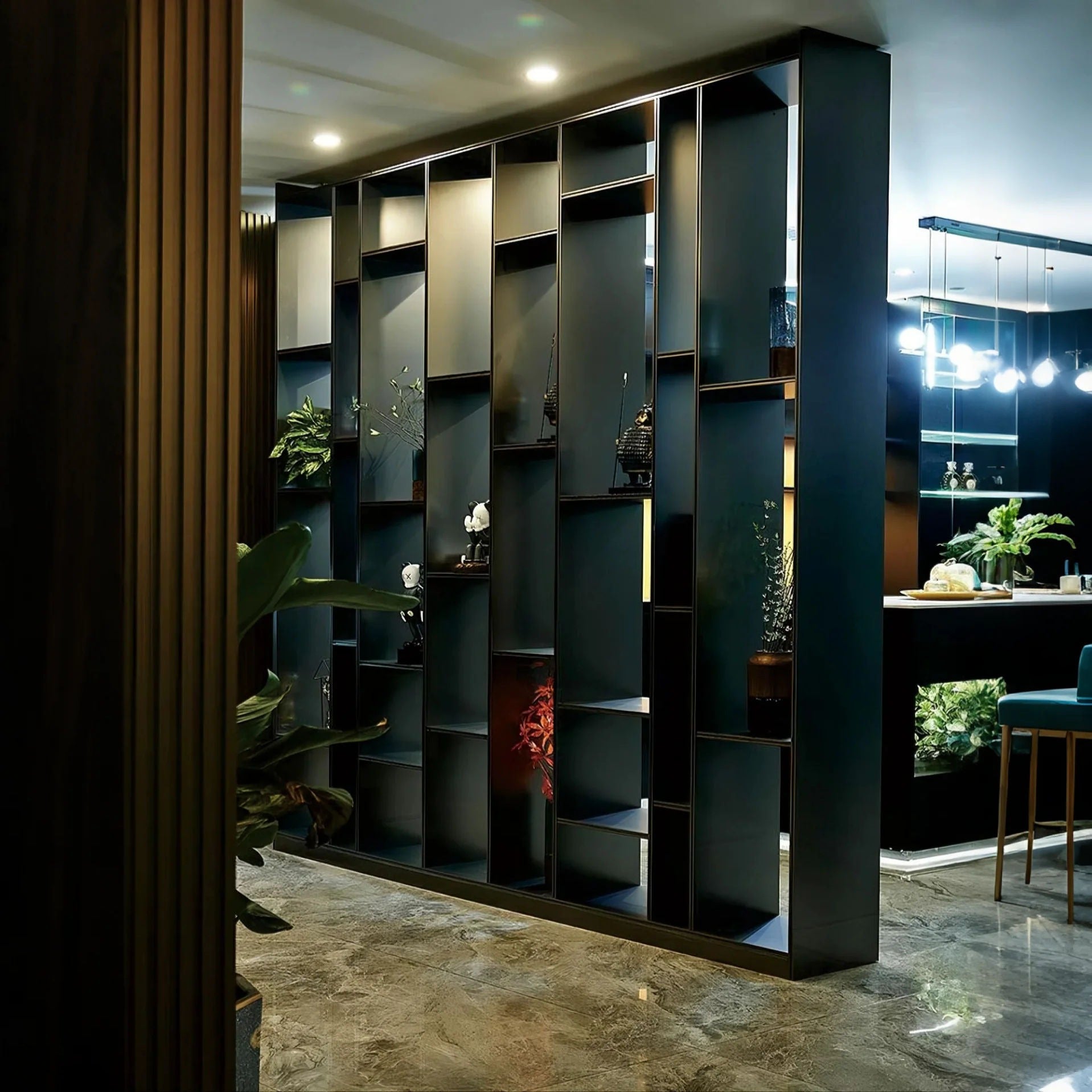 Anti-fingerprint Freestanding SS304 Stainless Steel Bookshelf With Magazine Pocket For Living Room