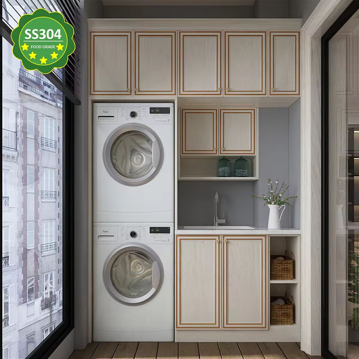 Sunproof SS304 Stainless Steel Balcony Cabinet With Hanging Hooks