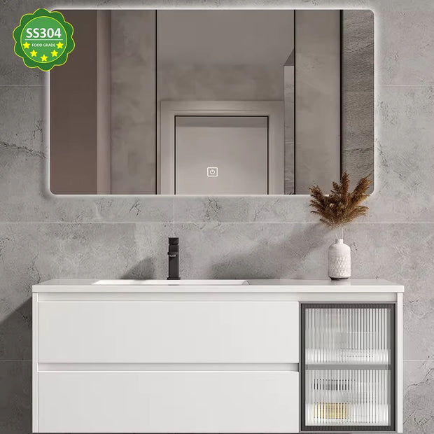 For Compact Bathroom Wall Hung Stainless Steel Bathroom Vanity Cabinet Easy To Clean With Smart Mirror