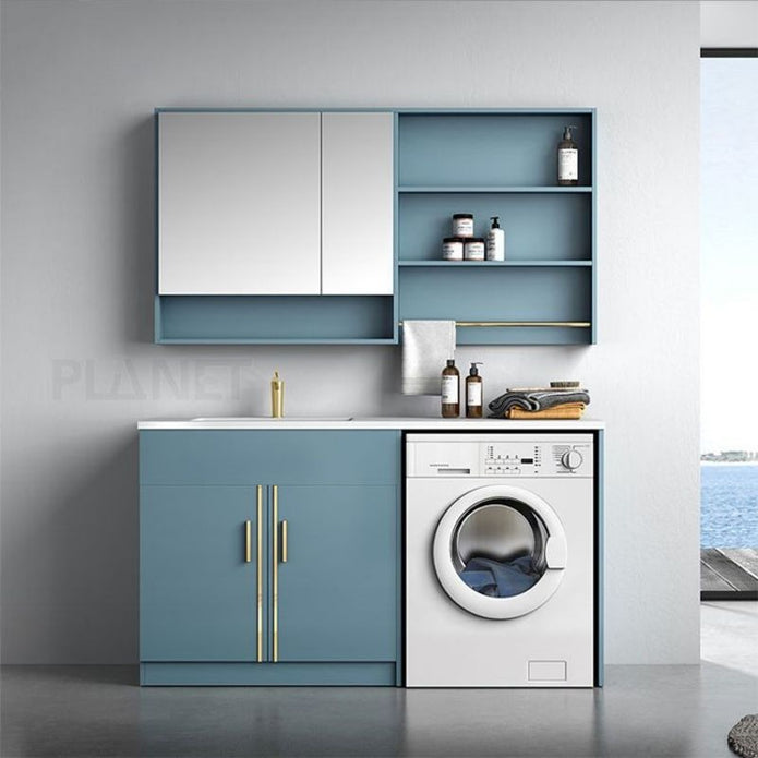 Environmental Protection Floor Mounted SS304 Stainless Steel Bathroom Vanity Set With Storage Rack