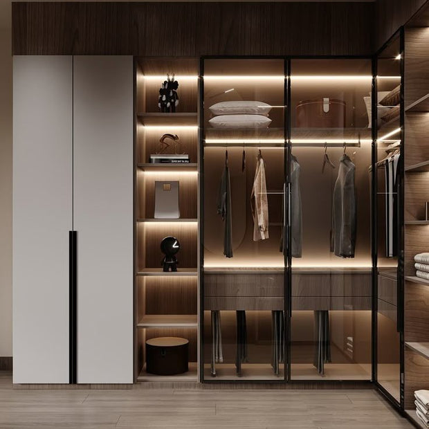 LED Light Inside Built-in Stainless Steel Wardrobe For Master Bedroom With Hanging Rods