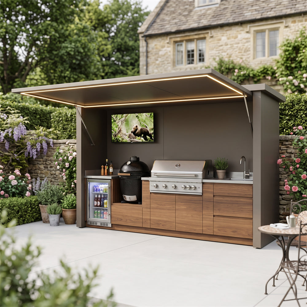 2.9m Newest Design Market SS304 Stainless Steel Outdoor Kitchen Shed Set – Natural Wood-Grain Cabinet Doors